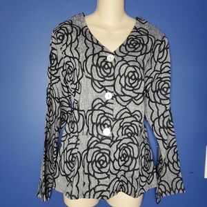 FLAX 100% Linen Button Front Long Sleeve Peplum Top dark gray black flower sz M